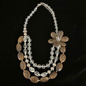 Statement necklace wood and clear acrylic beads with floral detail. EUC